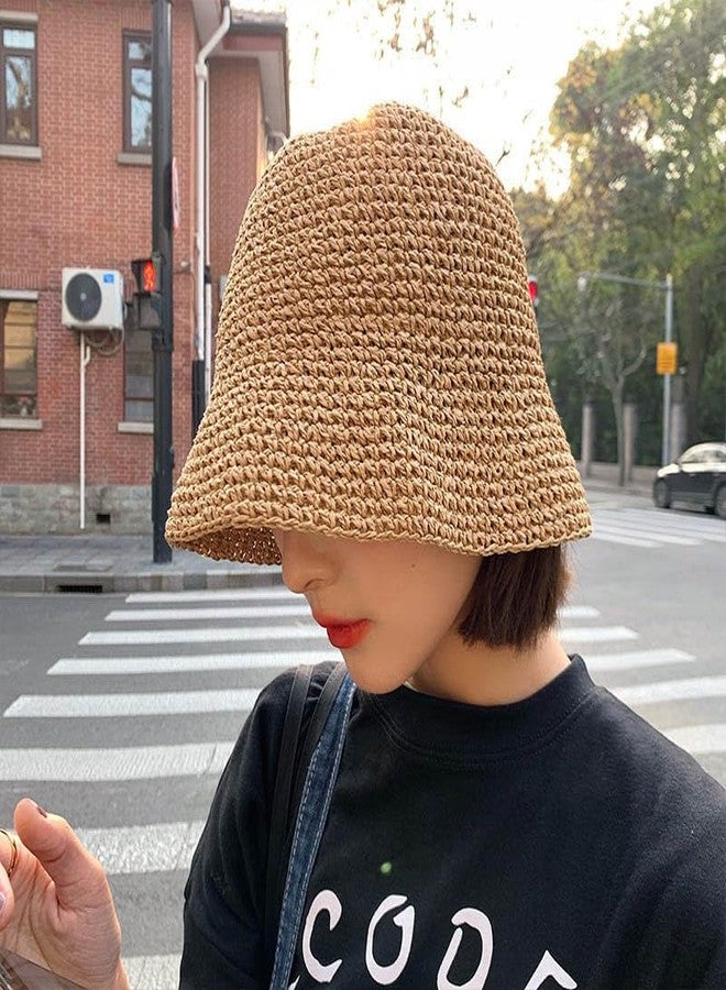 Minache Crochet Straw Hat Beach Sun Solid Color Foldable Wide Brim Outdoor Sun Visor Hat Bucket Hat for Women Girl Khak - Image 3